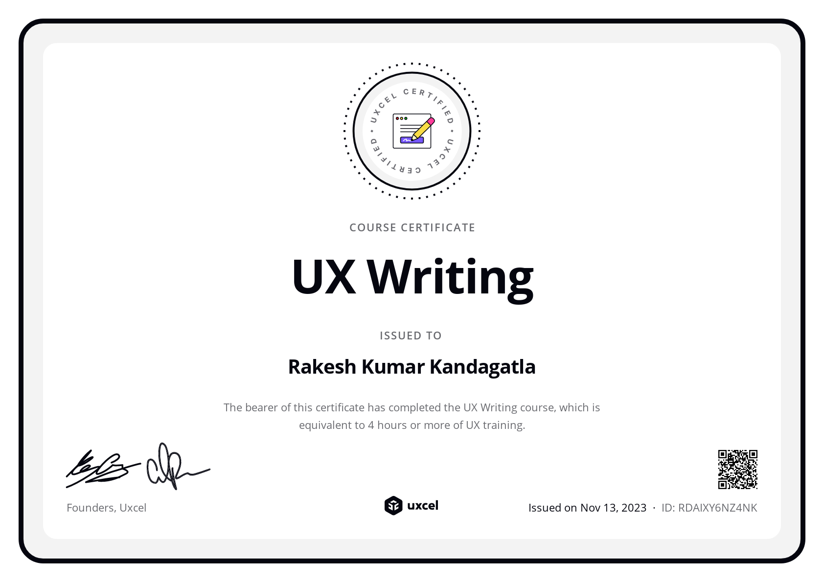 Rakesh Kumar Kandagatla's certificate